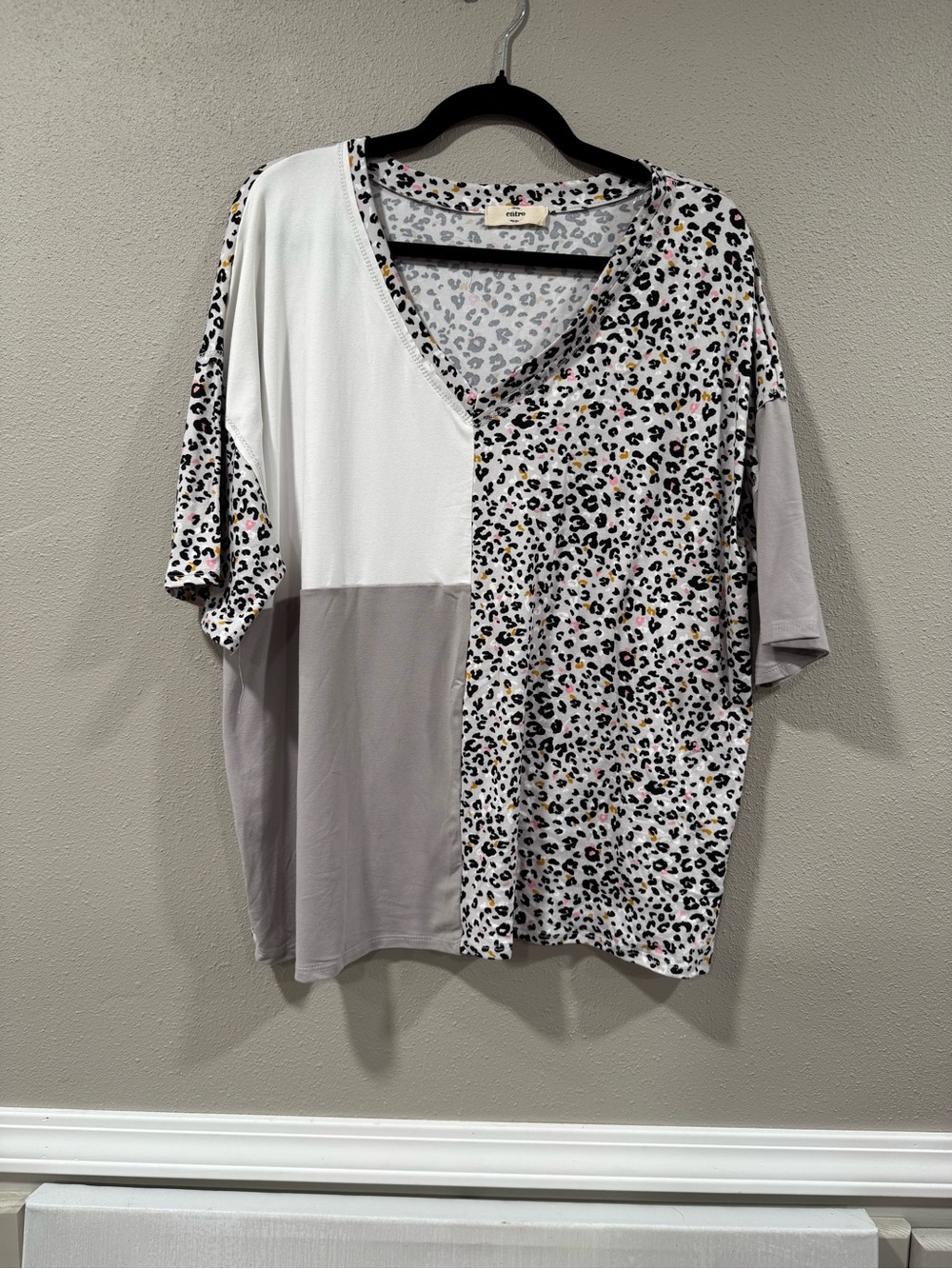 Entro Two-Tone Leopard Patchwork V-Neck Top - White, Taupe, Black - Picture 2 of 6